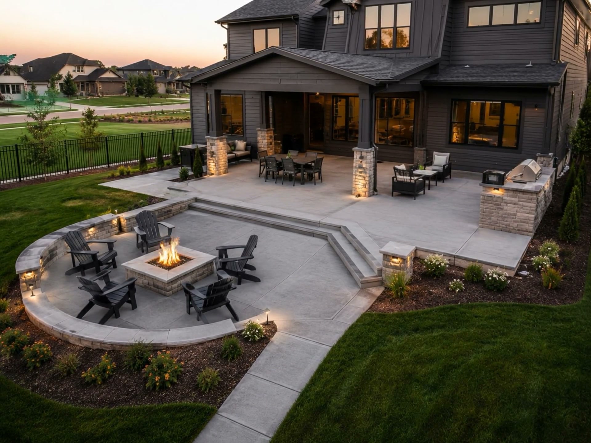 Finished concrete patio with fire pit, seating, and outdoor kitchen at dusk